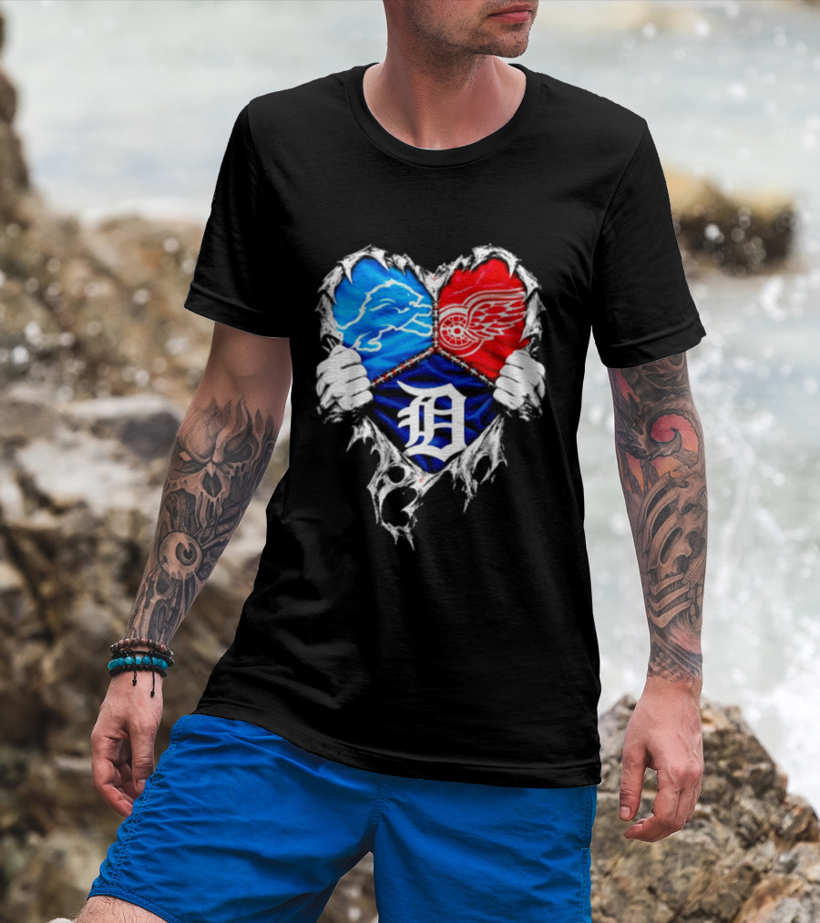 Detroit Lions Red Wings Tigers Heart Scratch Mashup T-Shirt