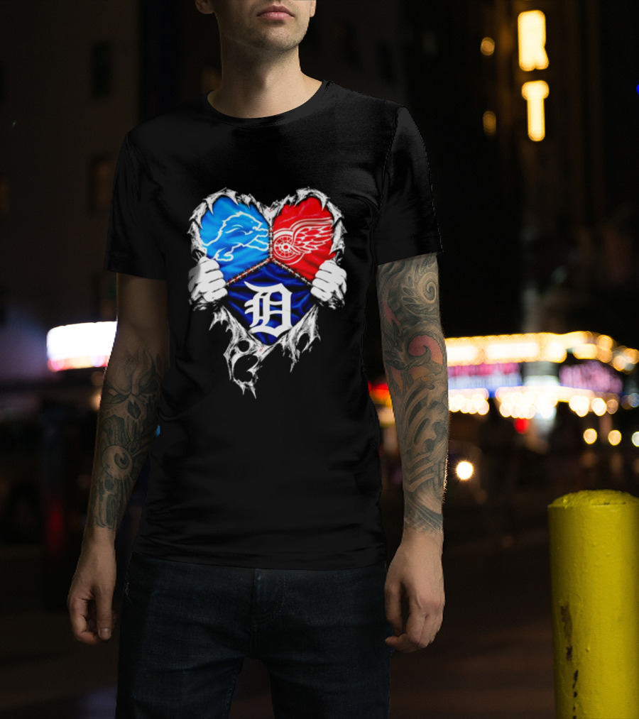 Detroit Lions Red Wings Tigers Heart Scratch Mashup T-Shirt