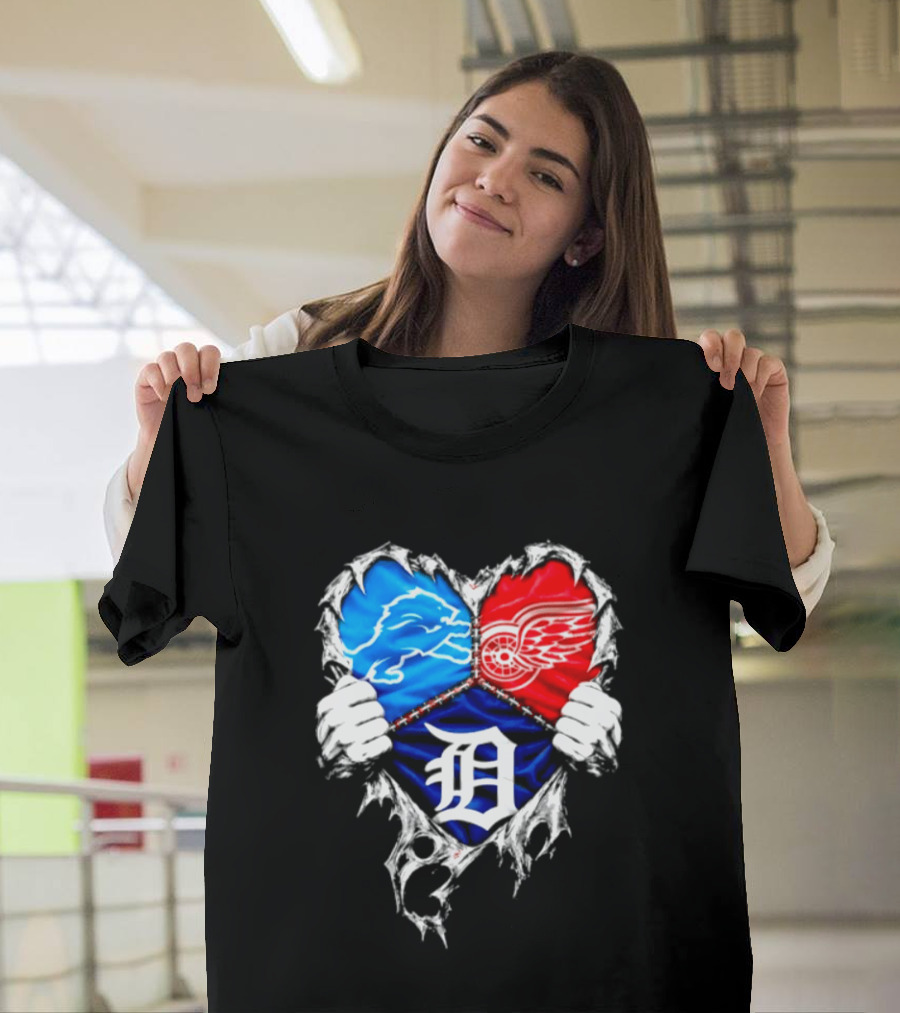 Detroit Lions Red Wings Tigers Heart Scratch Mashup T-Shirt