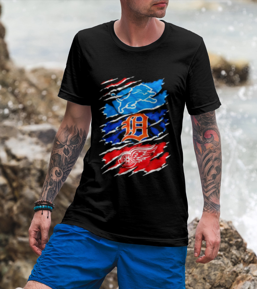 Detroit Lions Tigers Red Wings Scratch Mashup T-Shirt
