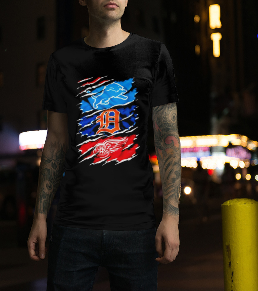 Detroit Lions Tigers Red Wings Scratch Mashup T-Shirt