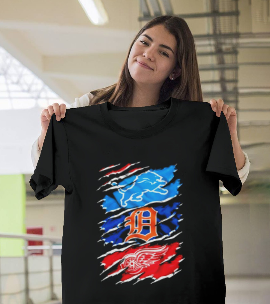 Detroit Lions Tigers Red Wings Scratch Mashup T-Shirt
