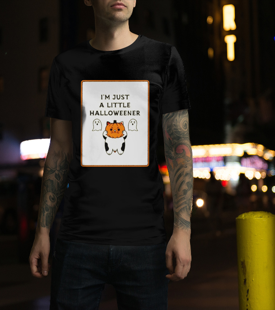 I'm Just A Little Halloweener Cat Holding Pumpkin Face With Ghosts T-Shirt
