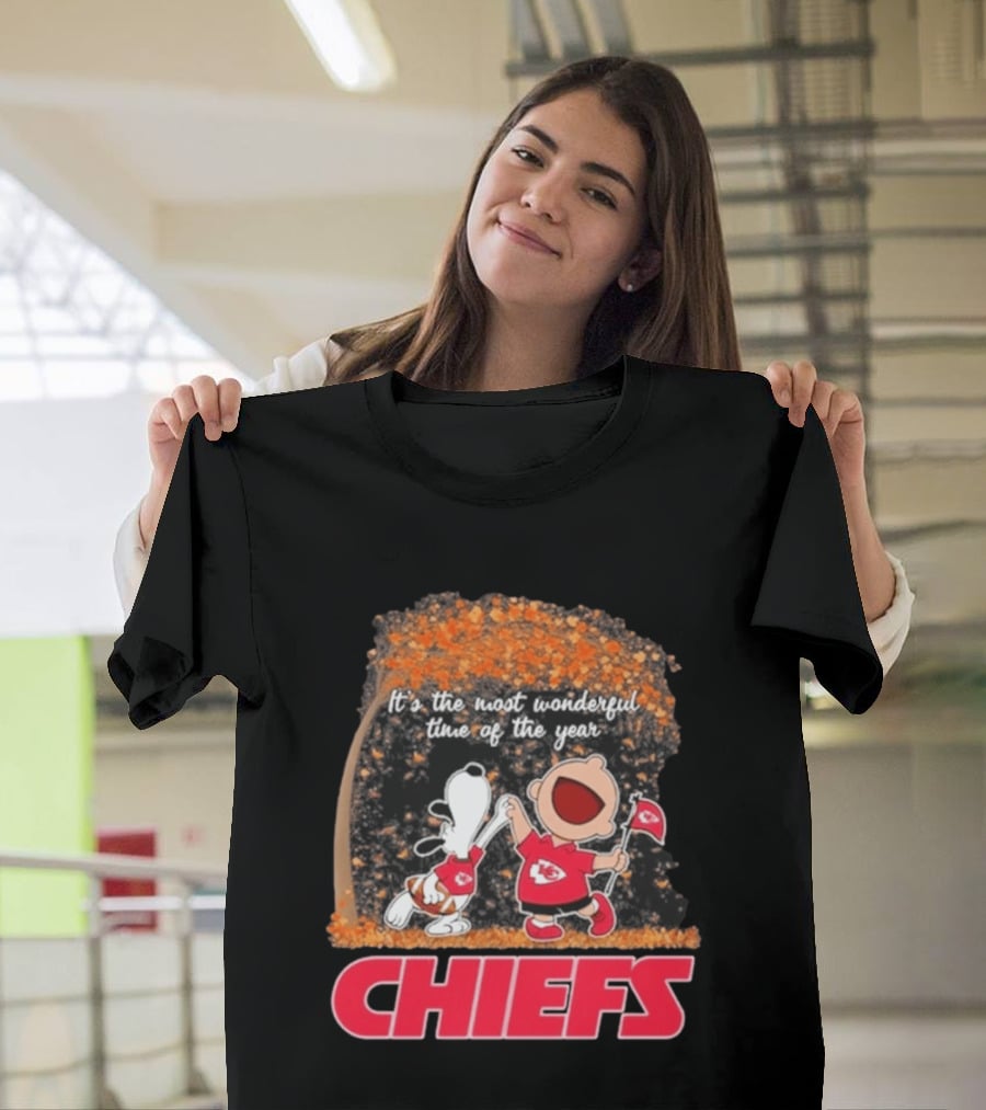 Kansas City Chiefs Snoopy Charlie Brown Dancing It's The Most Wonderful Time Of The Year T-Shirt
