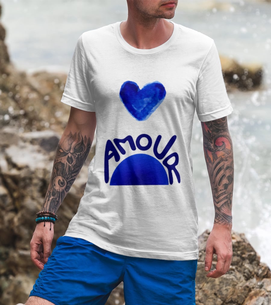 Amour Blue Heart French Love Watercolor T-Shirt