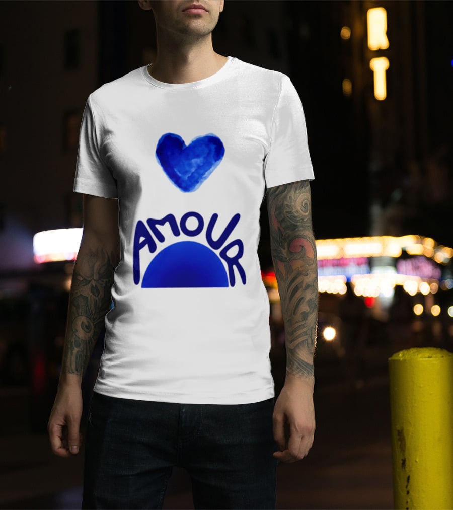 Amour Blue Heart French Love Watercolor T-Shirt