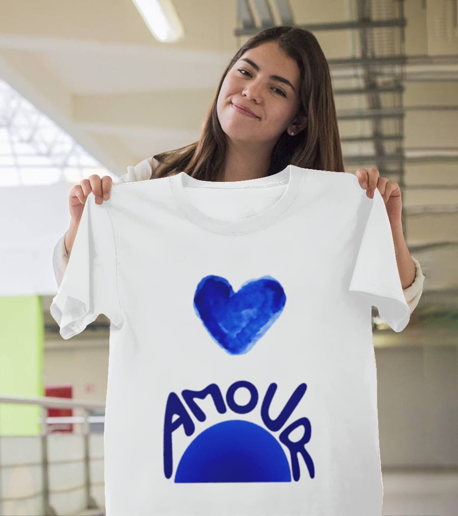 Amour Blue Heart French Love Watercolor T-Shirt