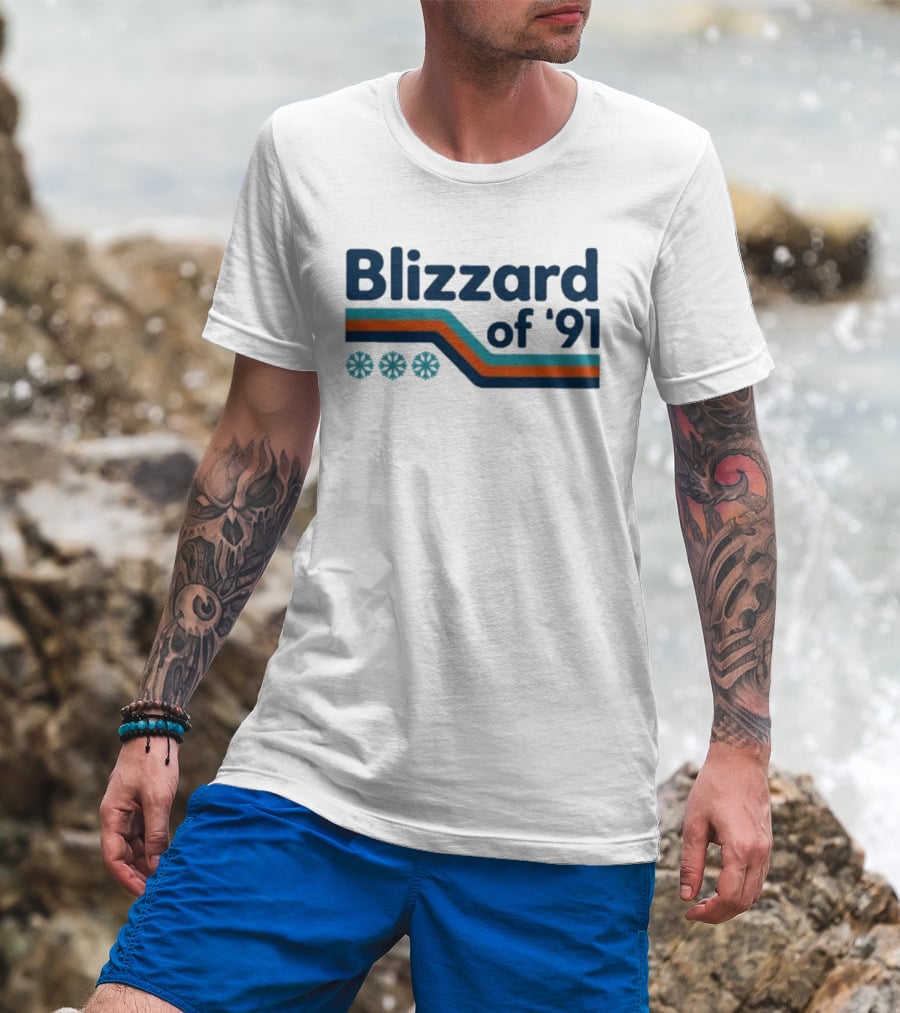 Blizzard Of '91 Retro Winter Snowflakes And Stripes T-Shirt