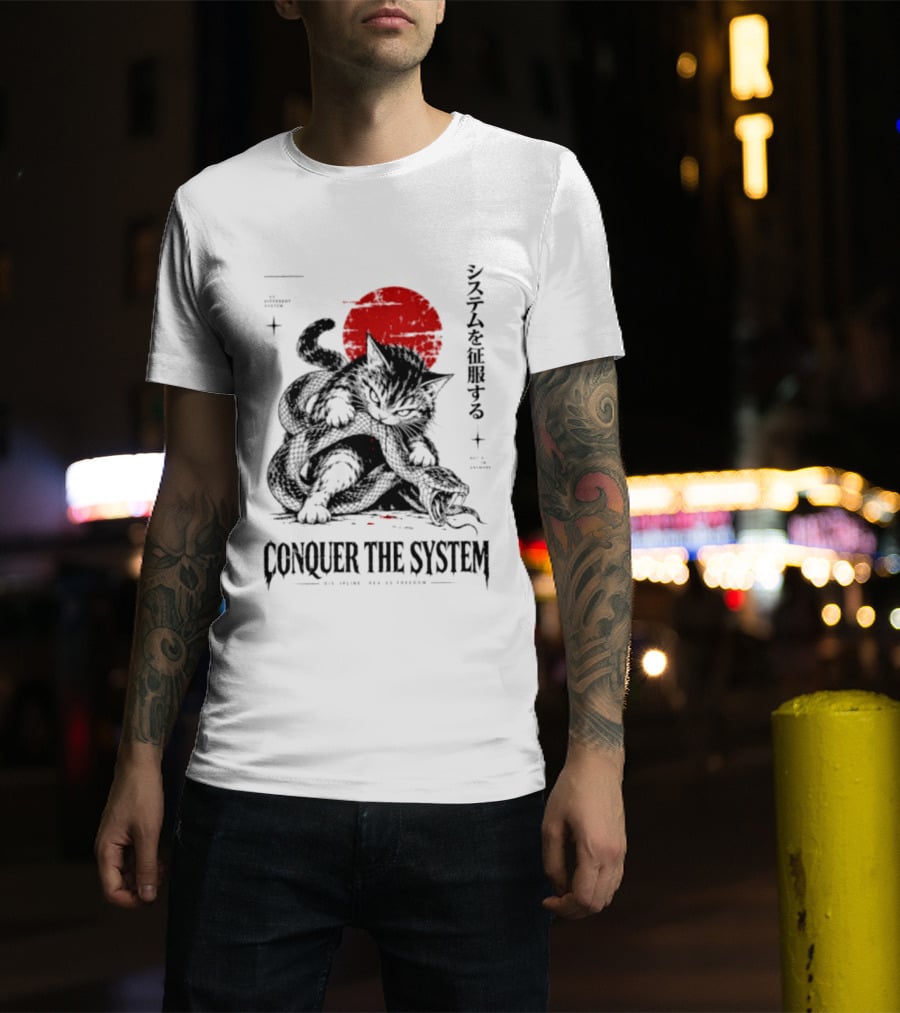 Cat Conquer The System Discipline Creates Freedom Japanese Style Red Sun T-Shirt