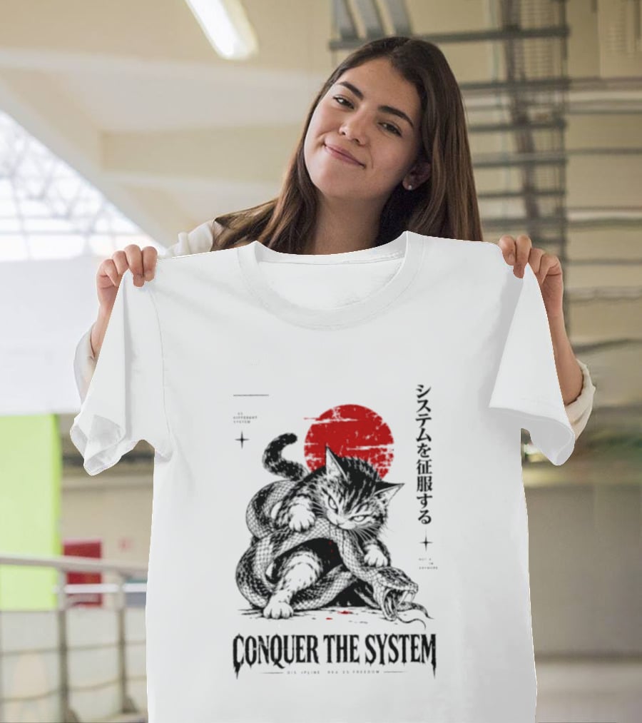 Cat Conquer The System Discipline Creates Freedom Japanese Style Red Sun T-Shirt