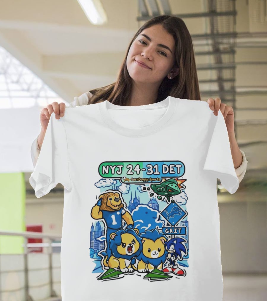 NYJ 24 31 DET Corndoggy Sports Grit Lions Cityscape T-Shirt