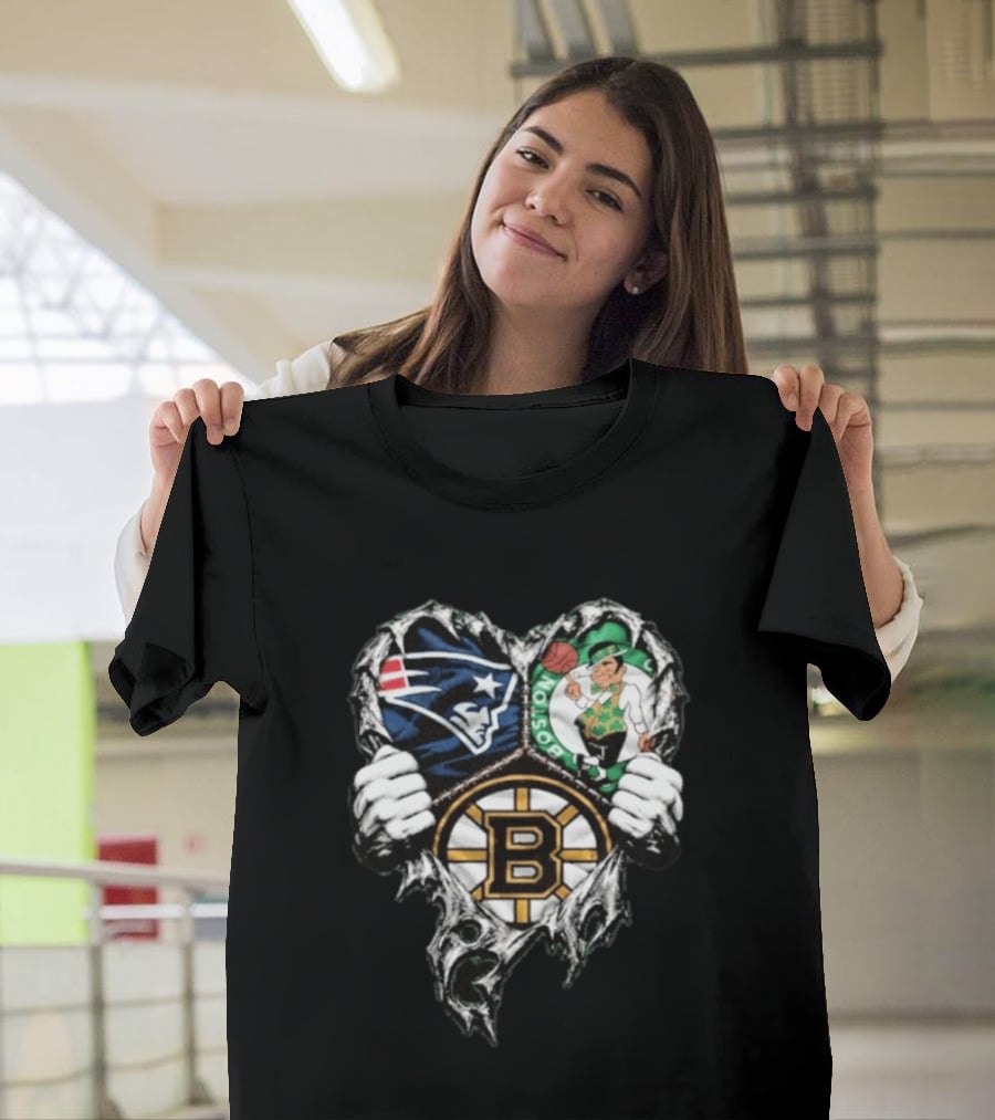 New England Patriots Boston Celtics Boston Bruins Ripped Heart Triple Team Sports T-Shirt