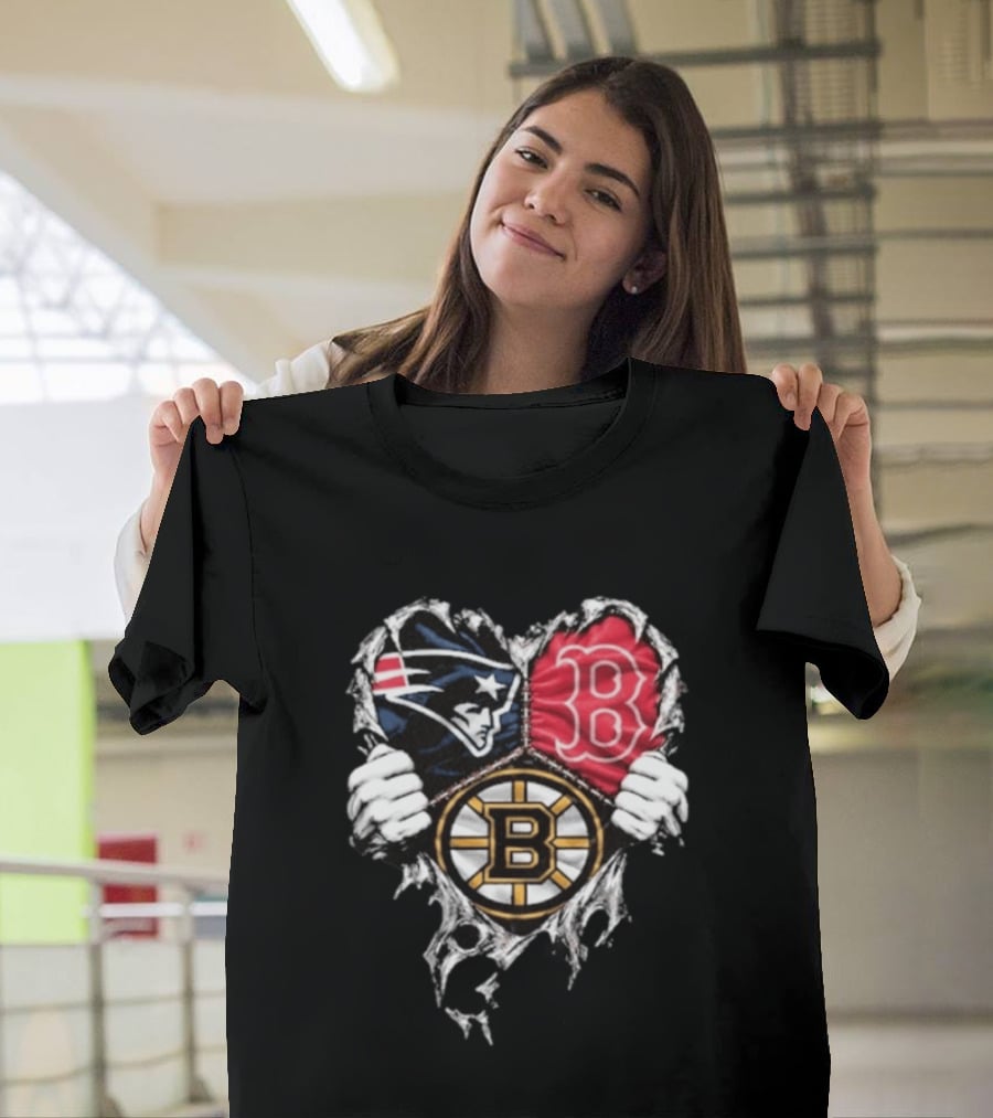New England Patriots Boston Red Sox Boston Bruins Heart Iconic Trio T-Shirt