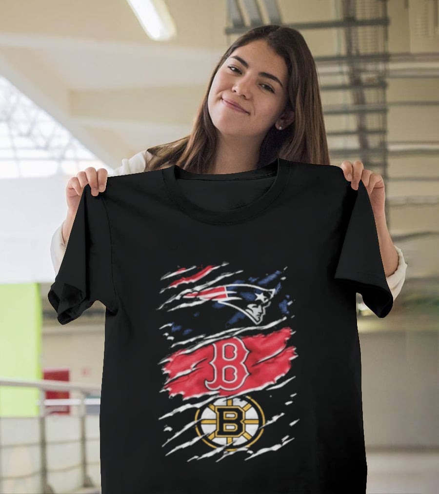 New England Patriots Boston Red Sox Boston Bruins Ripped Distressed Triple Team Sports T-Shirt