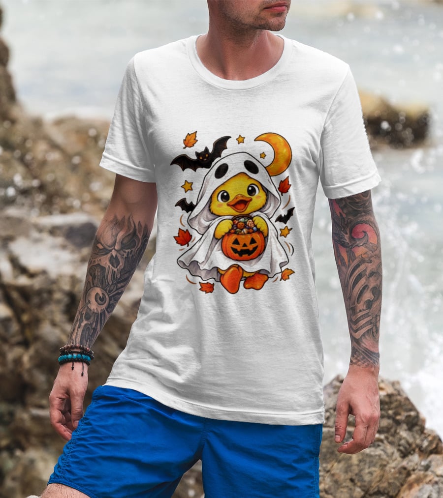 Ghost Ducking With Halloween Pumpkin Candy Bucket Bat Moon And Stars T-Shirt