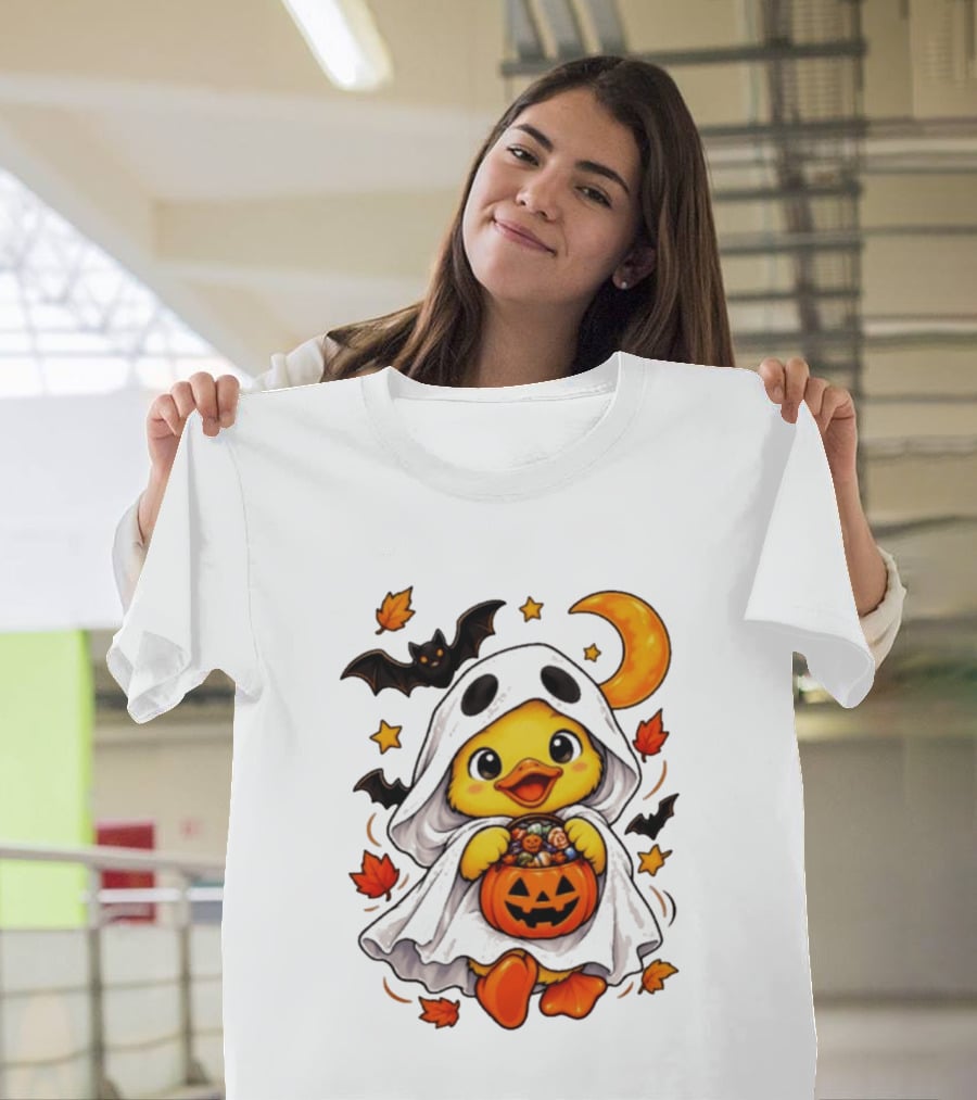 Ghost Ducking With Halloween Pumpkin Candy Bucket Bat Moon And Stars T-Shirt
