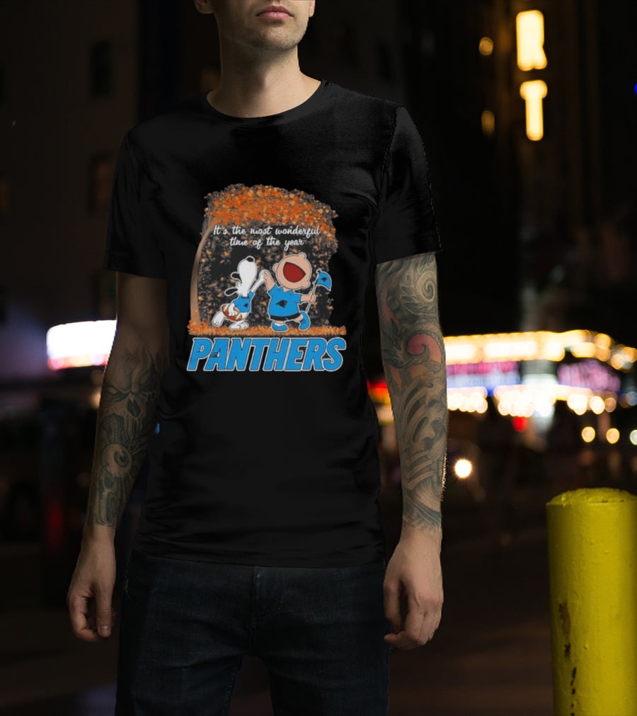 Carolina Panthers Snoopy Charlie Brown Dancing It's The Most Wonderful Time Of The Year 2026 T-Shirt