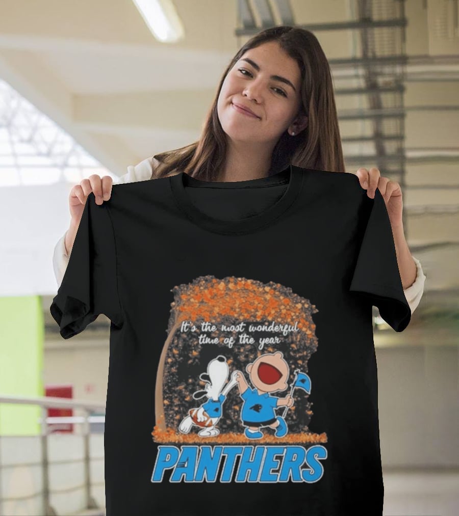 Carolina Panthers Snoopy Charlie Brown Dancing It's The Most Wonderful Time Of The Year 2026 T-Shirt