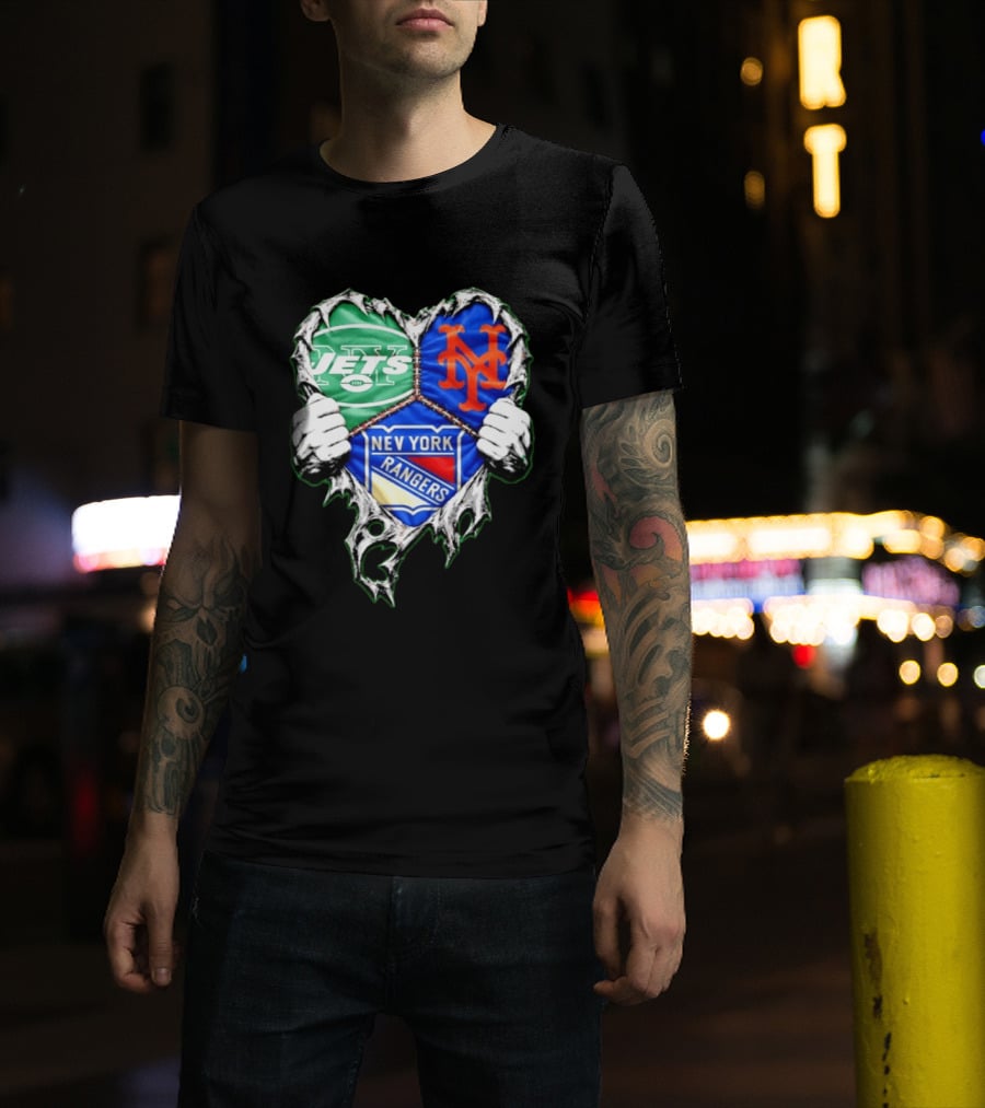 New York Jets Mets Rangers Heart Mashup Scratch T-Shirt