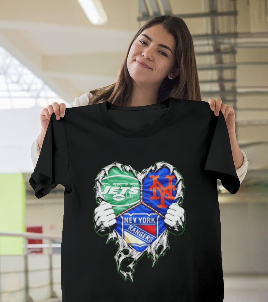 New York Jets Mets Rangers Heart Mashup Scratch T-Shirt