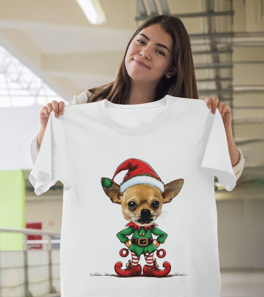 Chihuahua Elf Christmas 2026 Humor Meme Festive Dog In Santa Hat And Green Elf Outfit T-Shirt