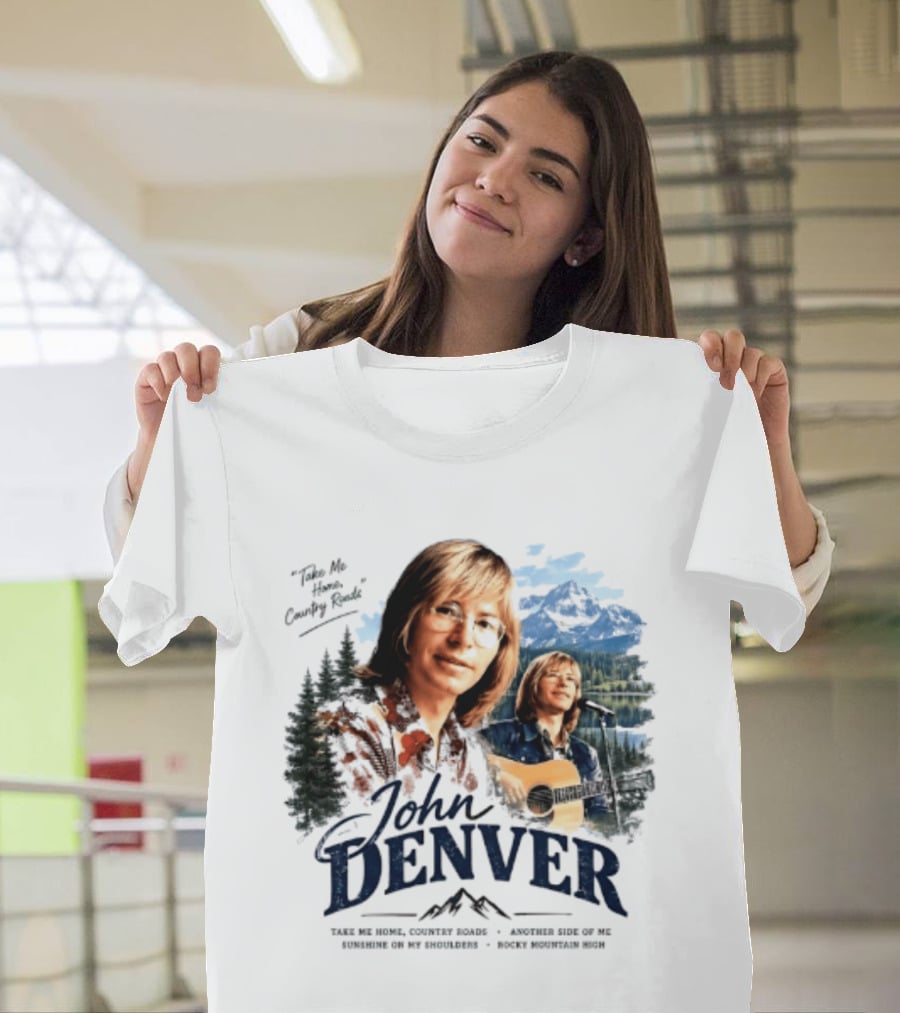 John Denver Take Me Home Country Roads Lyrics Mountains Forest Guitar Scene T-Shirt