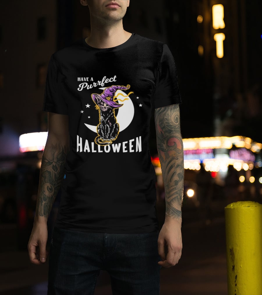 Have A Purrfect Halloween Black Cat And Moon With Witch Hat T-Shirt