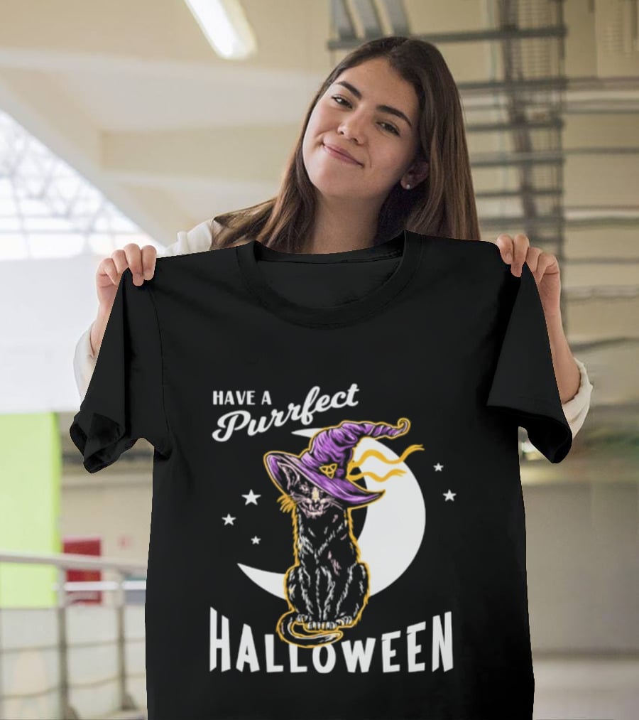 Have A Purrfect Halloween Black Cat And Moon With Witch Hat T-Shirt