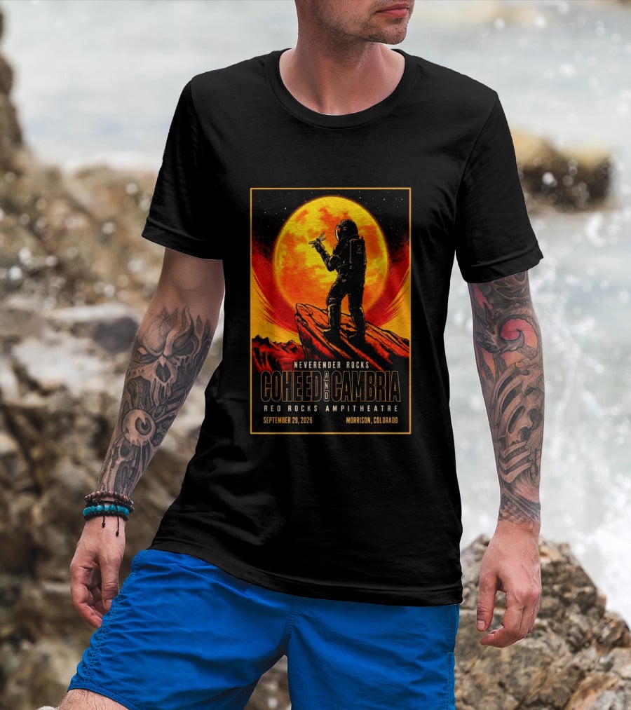 Neverender Rocks Coheed And Cambria Red Rocks Ampitheatre Morrison Colorado September 29 2026 Astronaut Orange Moon Scene T-Shirt