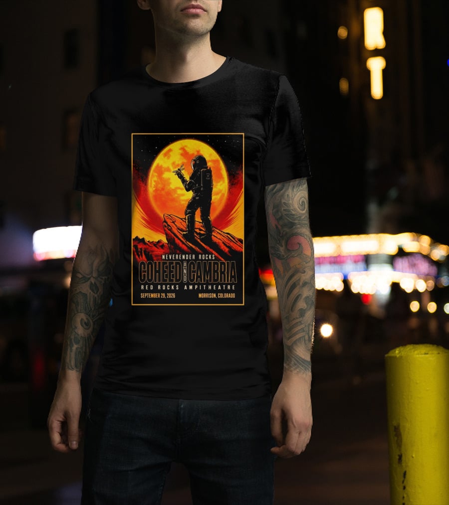 Neverender Rocks Coheed And Cambria Red Rocks Ampitheatre Morrison Colorado September 29 2026 Astronaut Orange Moon Scene T-Shirt