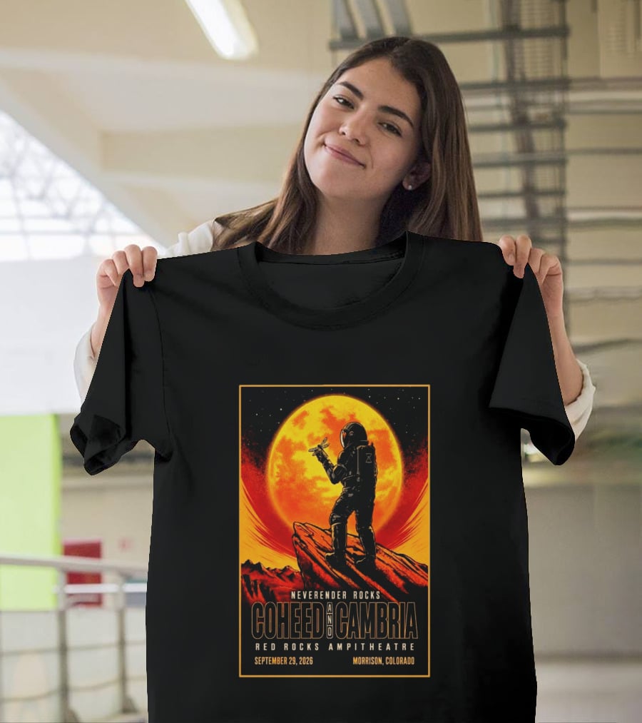 Neverender Rocks Coheed And Cambria Red Rocks Ampitheatre Morrison Colorado September 29 2026 Astronaut Orange Moon Scene T-Shirt