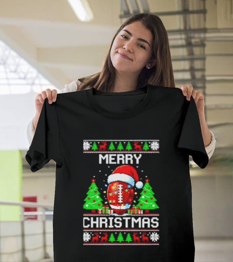 Merry Christmas Football Santa Hat Lights Festive Trees T-Shirt
