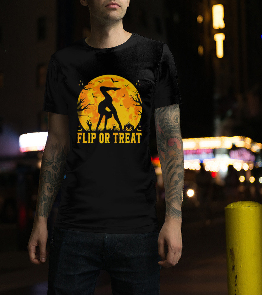 Flip Or Treat Halloween Gymnastics Moon Silhouette Spooky Pumpkin T-Shirt