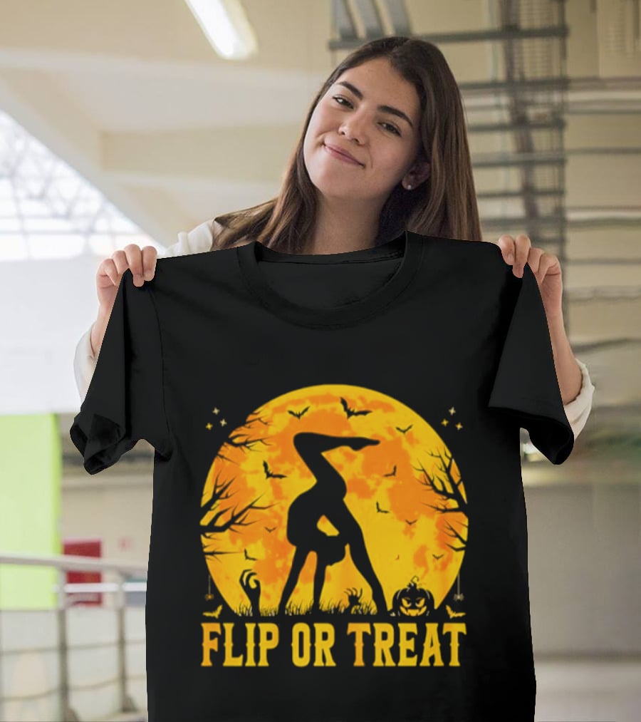 Flip Or Treat Halloween Gymnastics Moon Silhouette Spooky Pumpkin T-Shirt