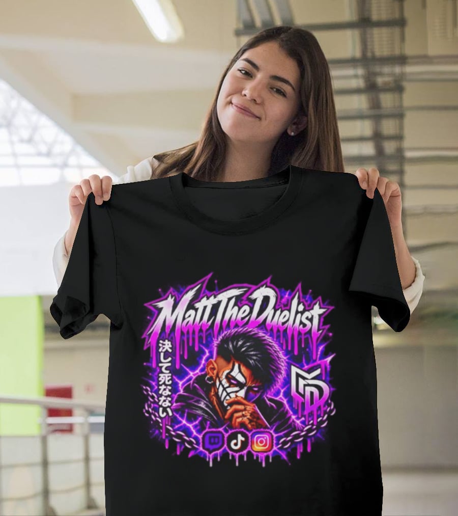 Matt The Duelist Freelance MTD Anime Gamer Mask Neon Purple Kanji T-Shirt