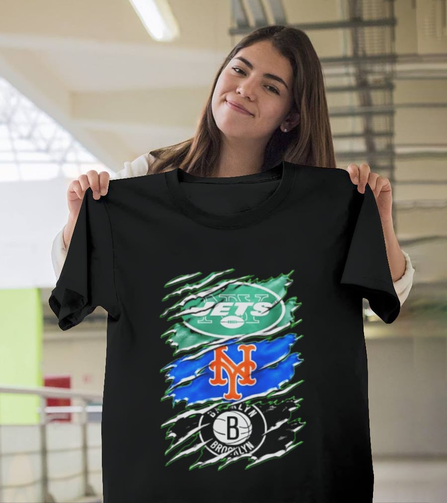 New York Jets Mets Brooklyn Nets Scratch Logo Mashup T-Shirt