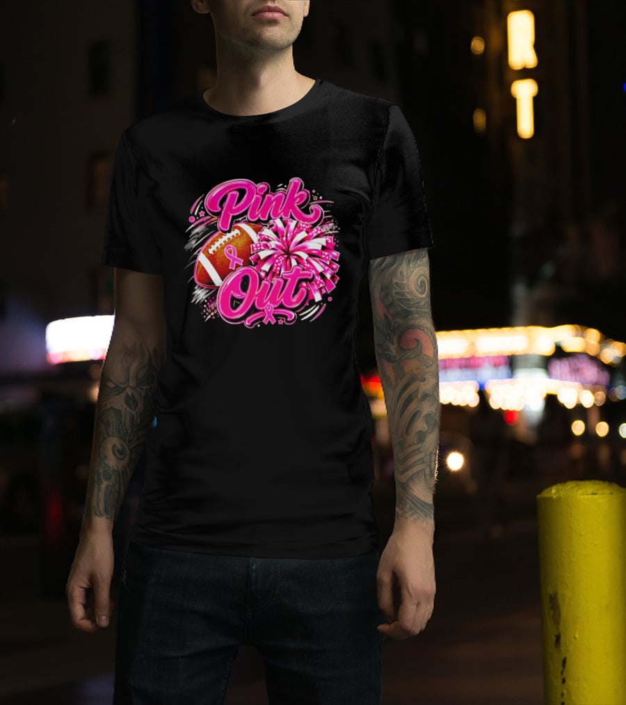 Pink Out Breast Cancer Awareness Football Cheerleading Pom Poms T-Shirt