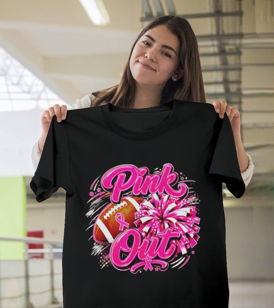 Pink Out Breast Cancer Awareness Football Cheerleading Pom Poms T-Shirt