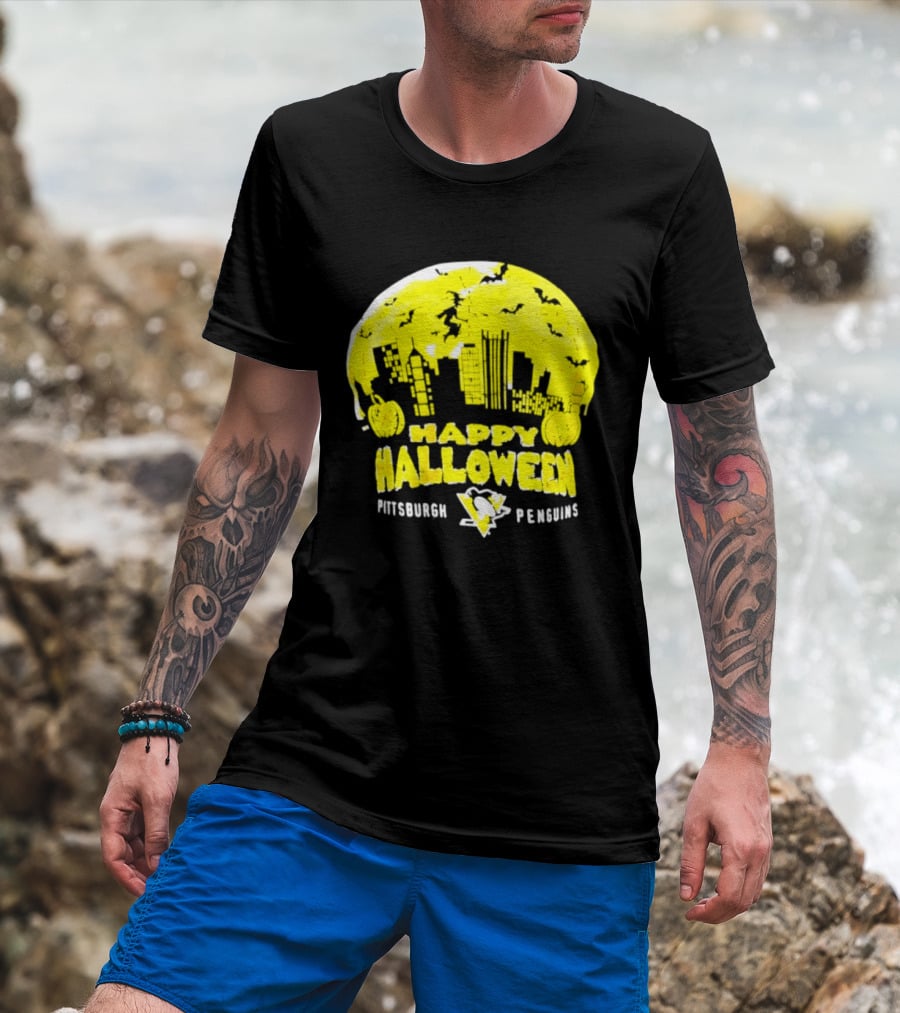 Pittsburgh Penguins Happy Halloween Skyline Pumpkins T-Shirt