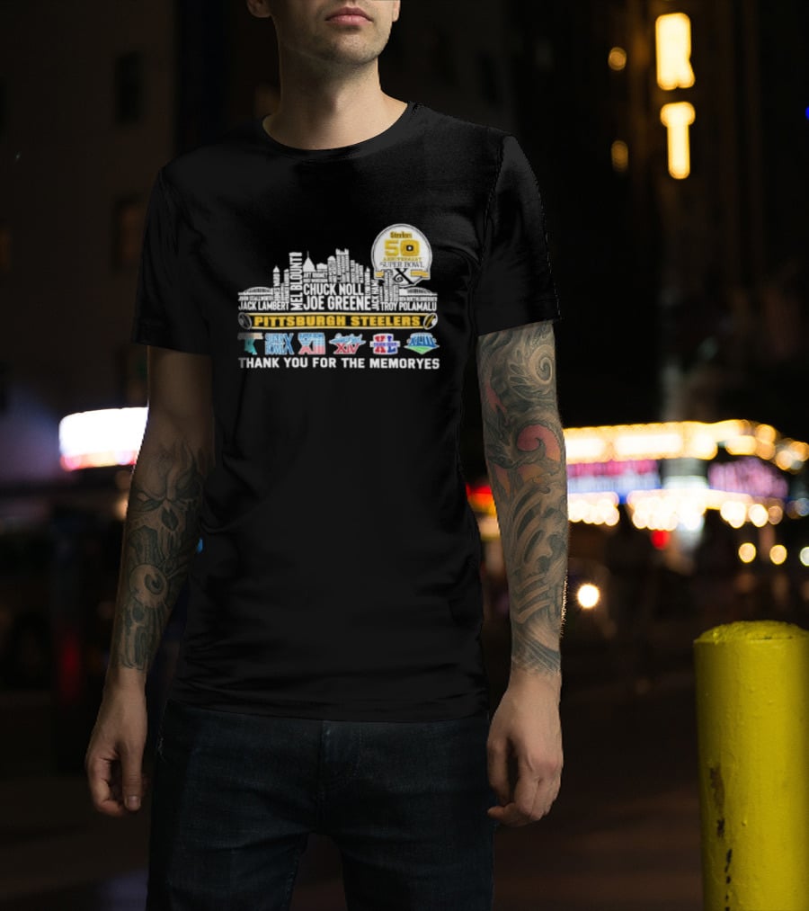 Pittsburgh Steelers Skyline 50th Anniversary Super Bowl Logos Thank You For The Memories T-Shirt