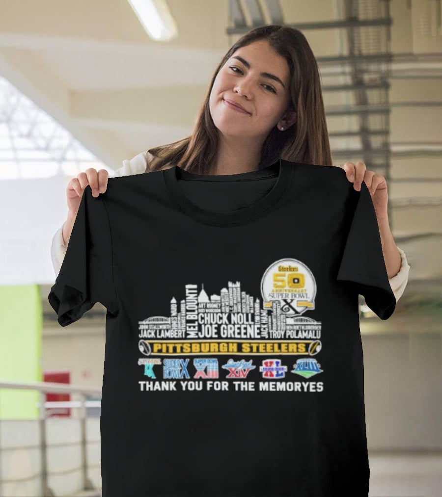 Pittsburgh Steelers Skyline 50th Anniversary Super Bowl Logos Thank You For The Memories T-Shirt
