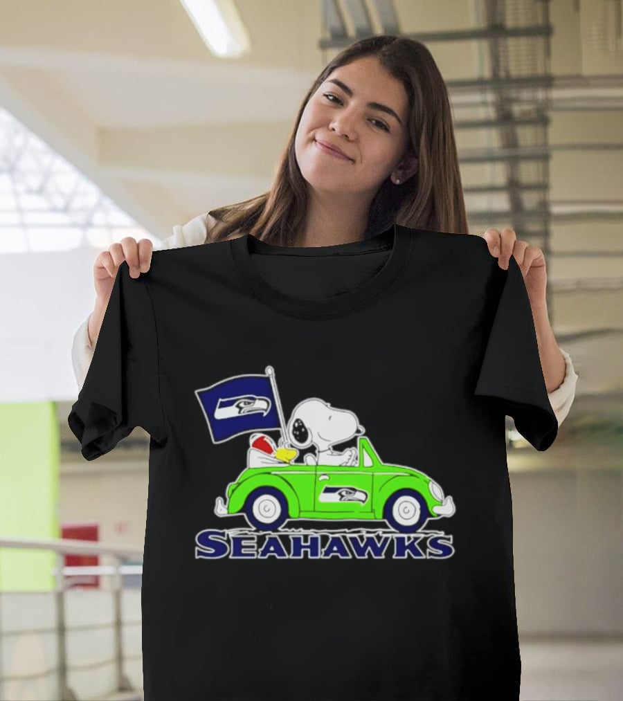Snoopy In Volkswagen Beetle With Seattle Seahawks Flag 2026 Season T-Shirt