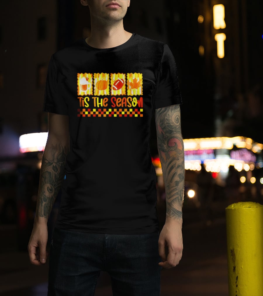 Tis The Season Pumpkin Coffee Football Leaf Halloween T-Shirt
