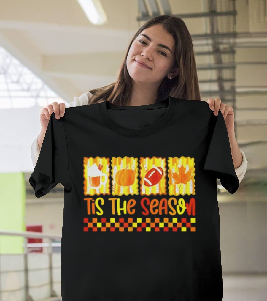 Tis The Season Pumpkin Coffee Football Leaf Halloween T-Shirt