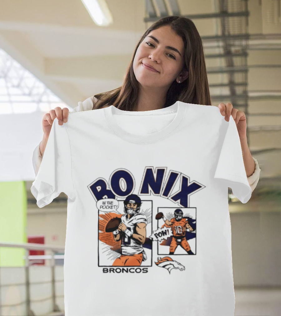Bo Nix Broncos Comic Pow In The Pocket T-Shirt