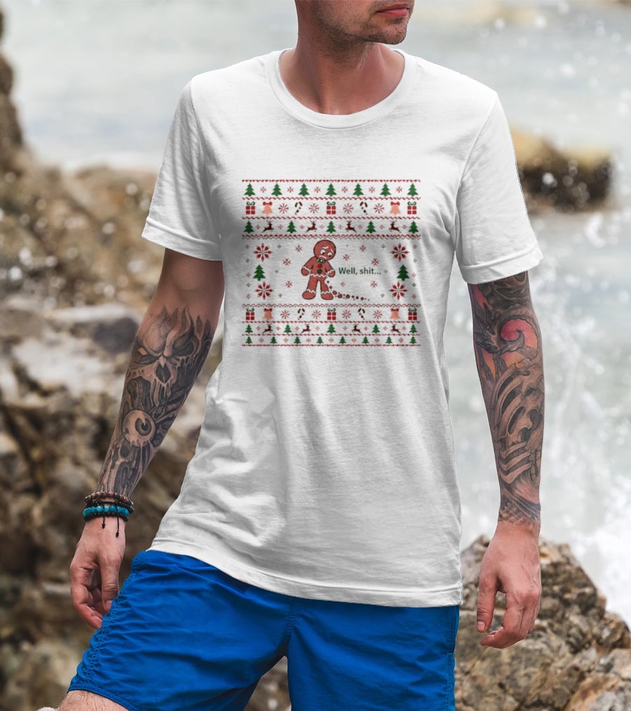 Gingerbread Man Well Shit Christmas Ugly Sweater Trees Bells T-Shirt