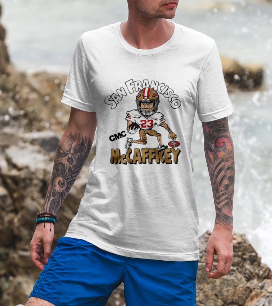 San Francisco 49ers CMC McCaffrey Caricature Football 23 T-Shirt