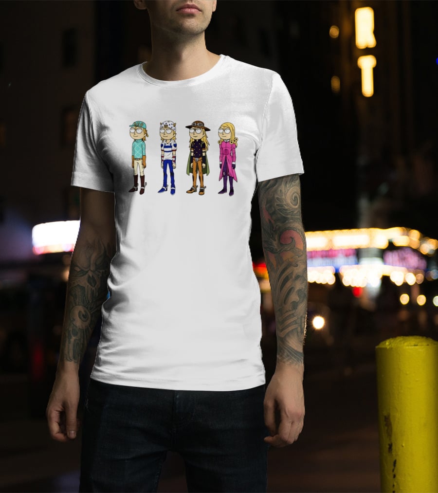 Morty Diego Brando Johnny Joestar Gyro Zeppeli Valentine JoJo's Bizarre Adventure Anime Crossover Characters T-Shirt