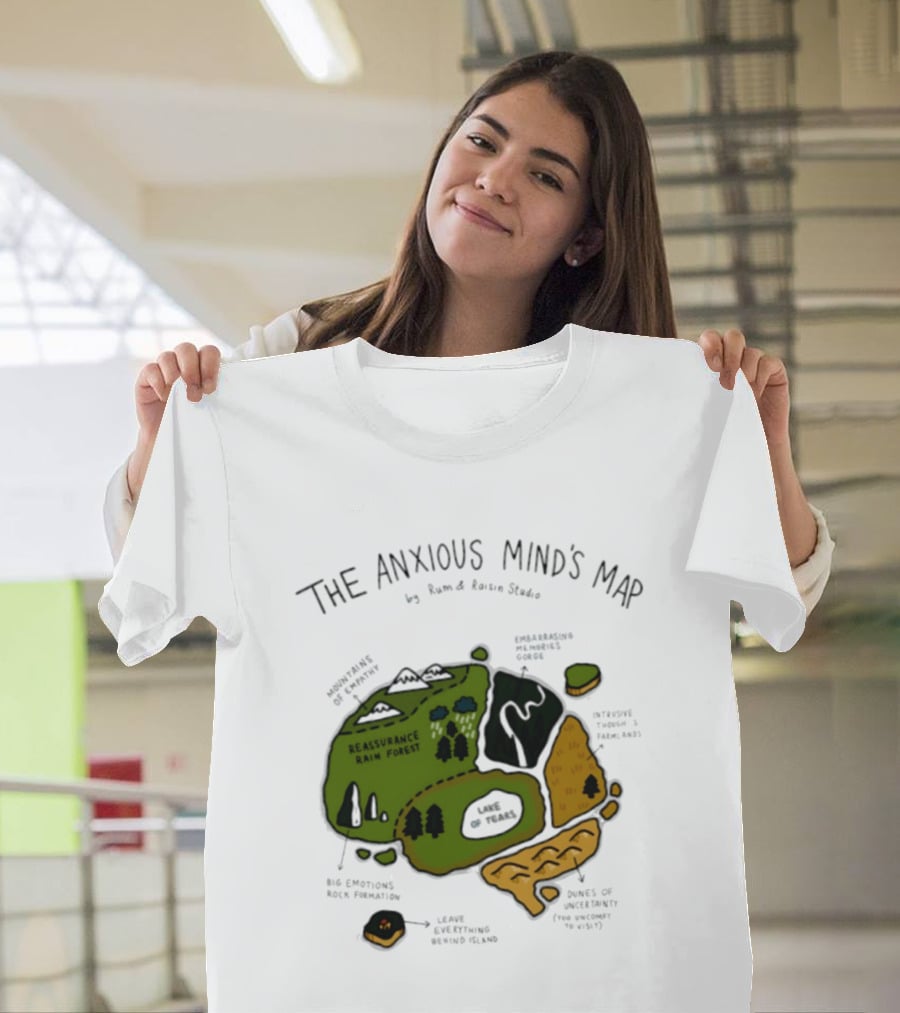 The Anxious Mind's Map Rum & Raisin Studio Reassurance Rain Forest Expectations Plateau Attack Of Panic Peaks T-Shirt