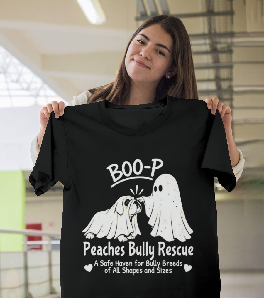 Boo P Peaches Bully Rescue Safe Haven For Bully Breeds Halloween Ghost Dog T-Shirt